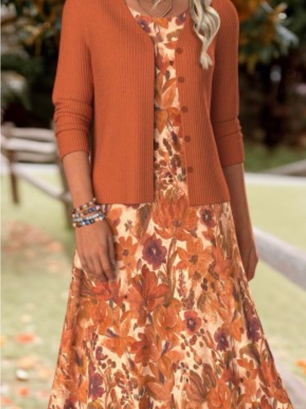 Floral Orange Midi Dress w/Matching Cardigan NIP Great for the fall/winter